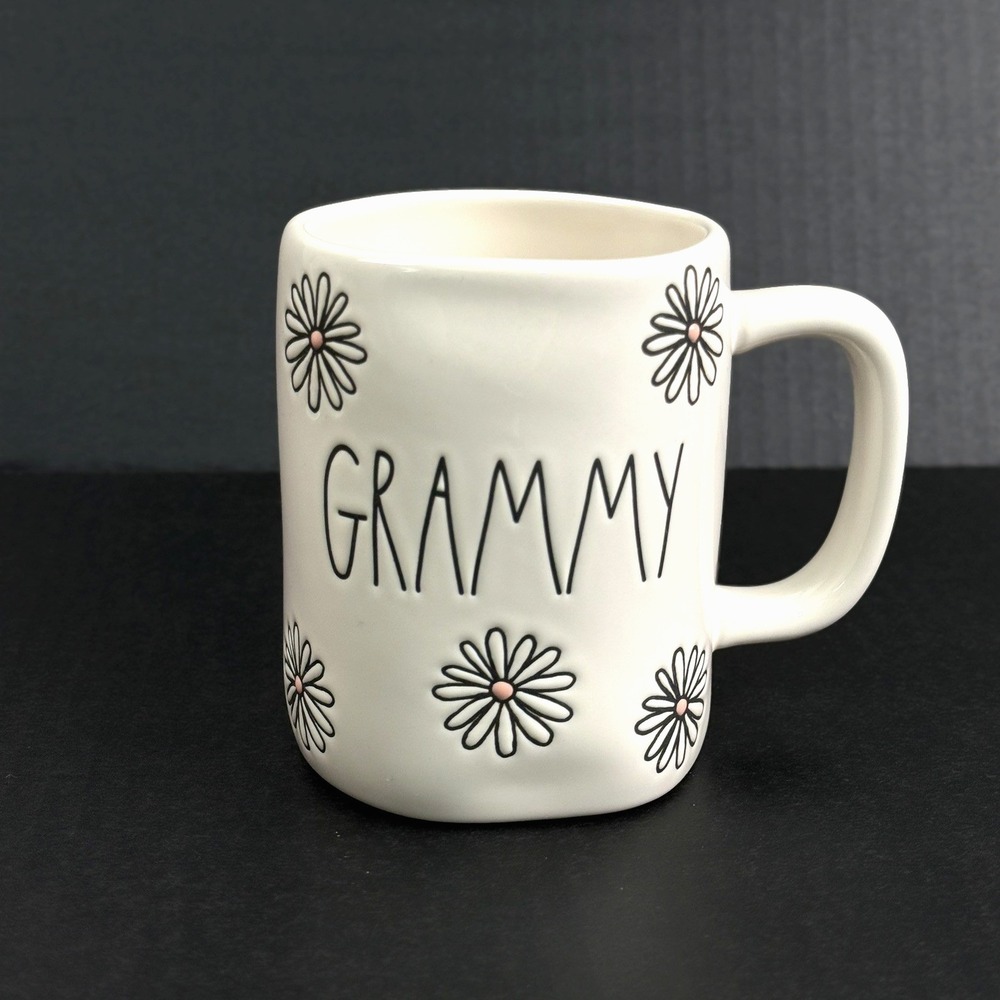 Rae Dunn Grammy Floral Flower Embossed Mug 16 oz White Pink Ceramic Coffee Cup